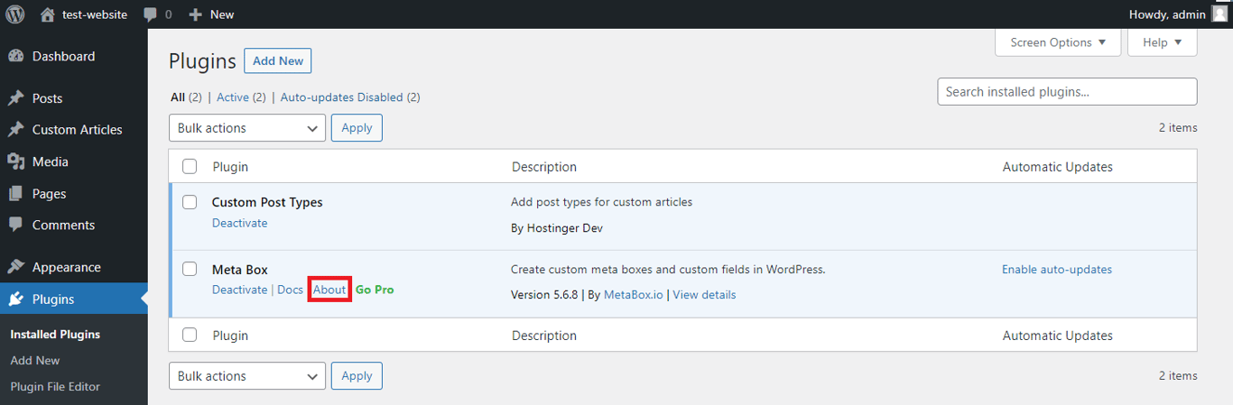 The Meta Box plugin in WordPress's installed plugins menu