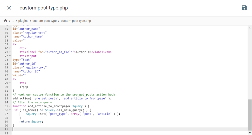 The code for displaying custom post type in the plugin's file