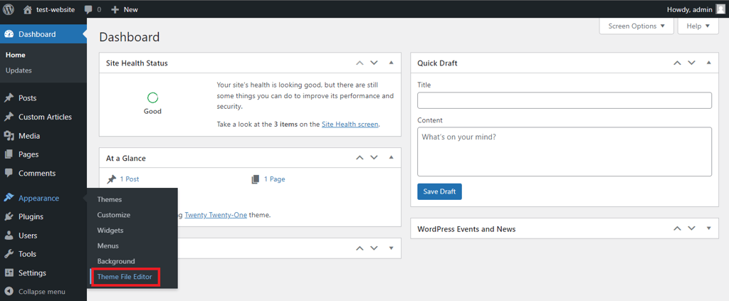 Theme file editor menu in the WordPress sidebar