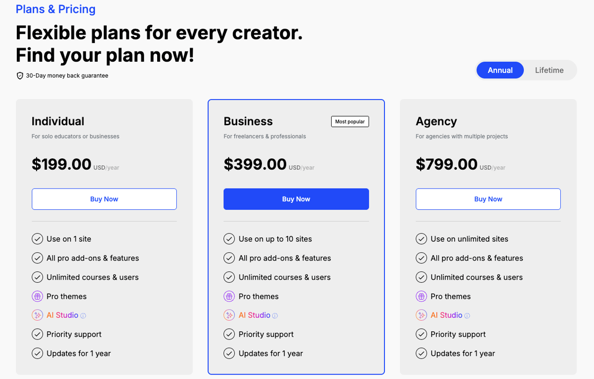 Tutor LMS annual pricing plans.