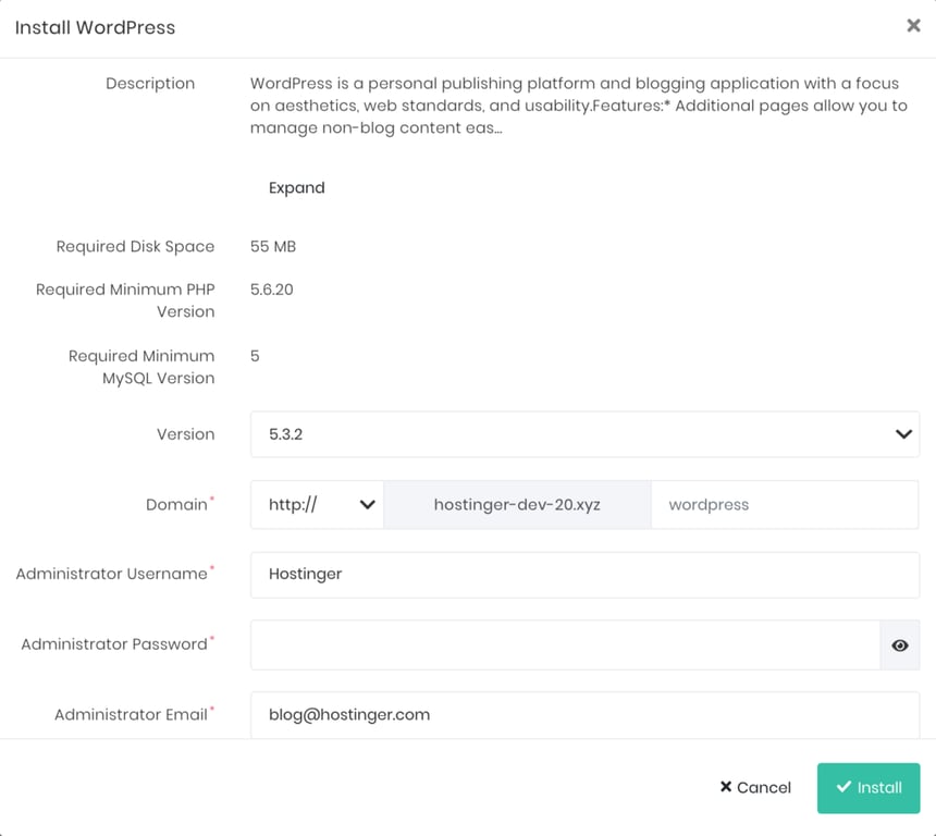 WordPress installation screen