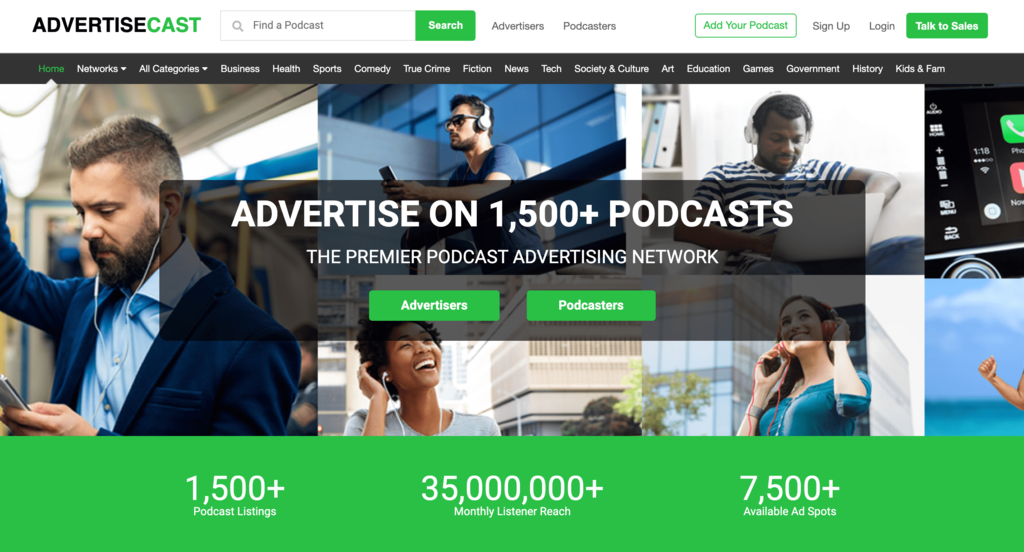 Page d'accueil d'AdvertiseCast 