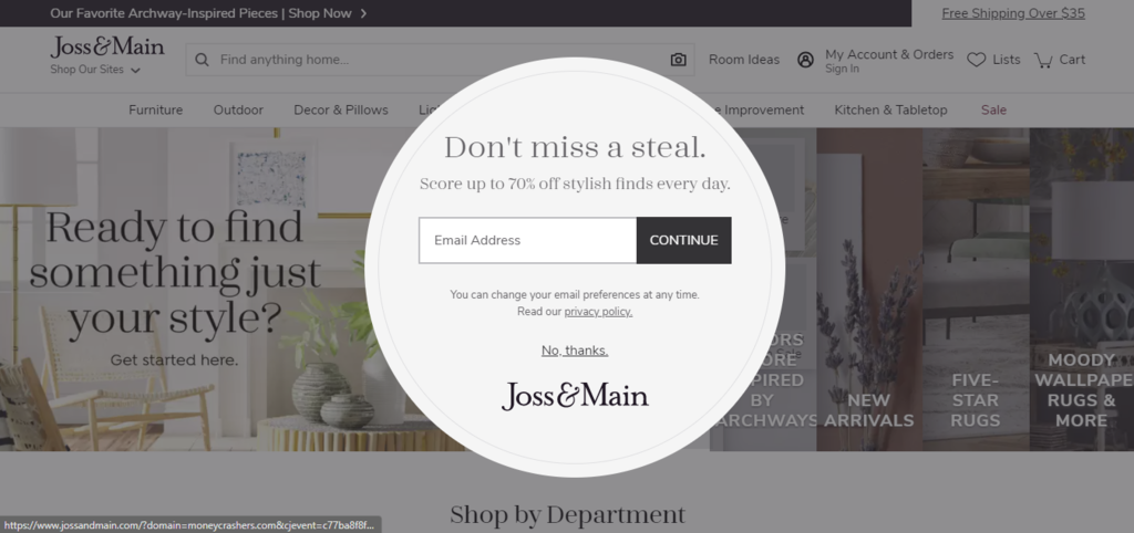 Exemplo de pop-up de e-mail marketing