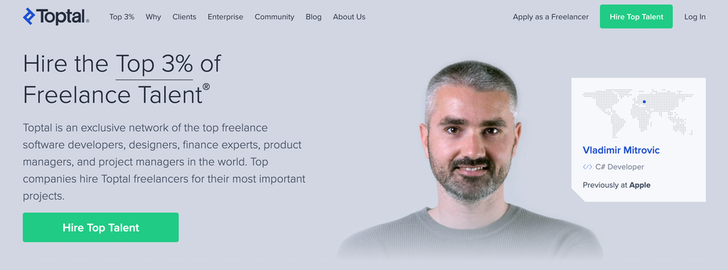 Page d'accueil de Toptal, un portail exclusif de freelance