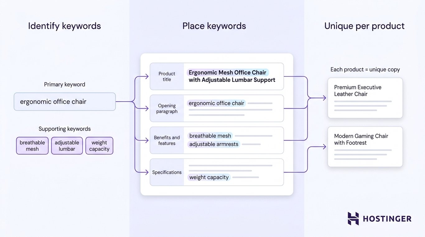 Workflow diagram showing three stages of SEO product description optimization: identifying primary and supporting keywords, placing them in the product title, opening paragraph, features, and specifications, and writing unique copy per product.