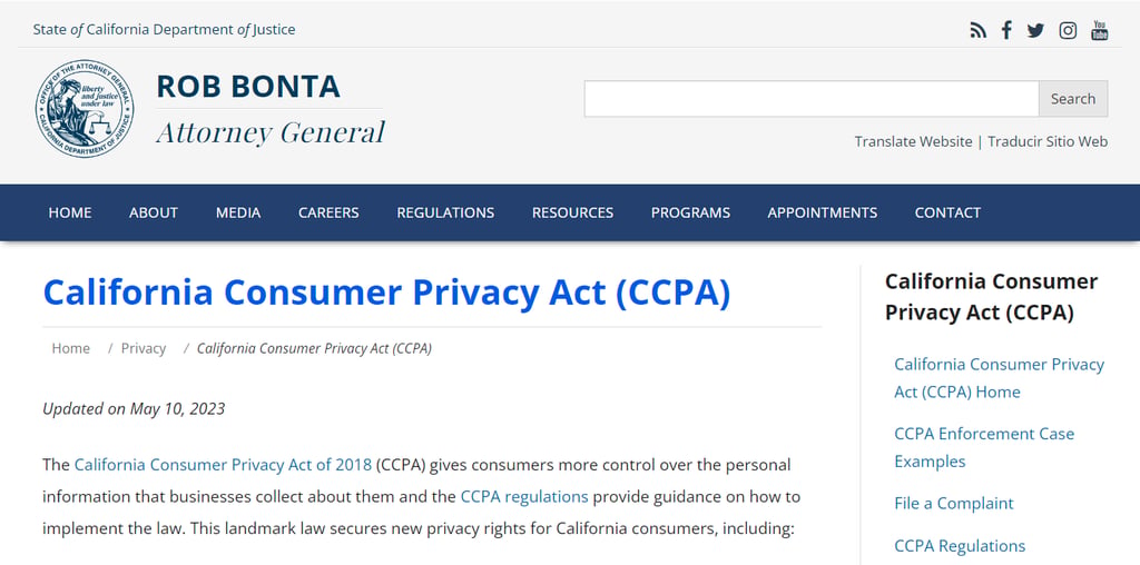 CCPA's page on California Office of the Attorney General's website