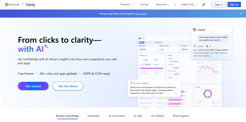 Microsoft Clarity homepage