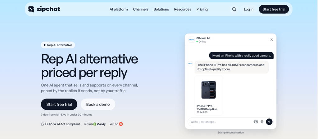 Zipchat AI homepage