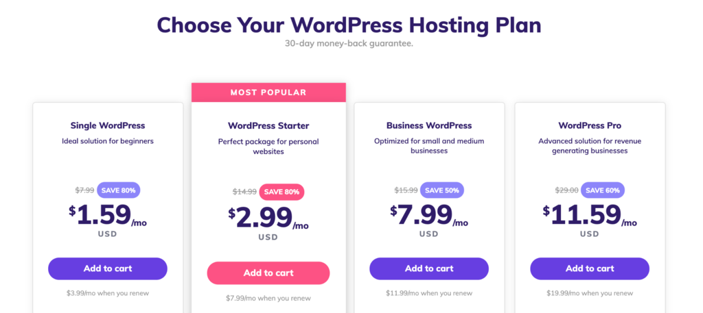 Promotional image for Hostinger&rsquo;s WordPress hosting plans and their prices