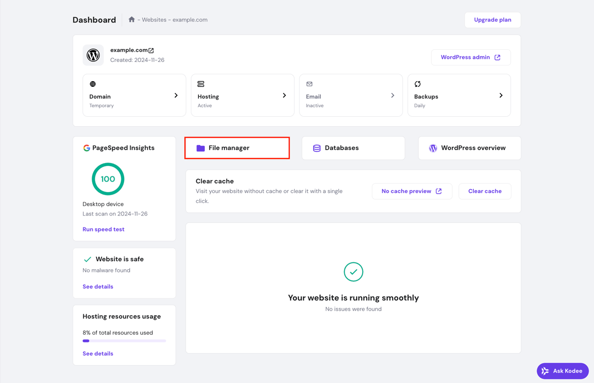 The File manager menu on hPanel dashboard