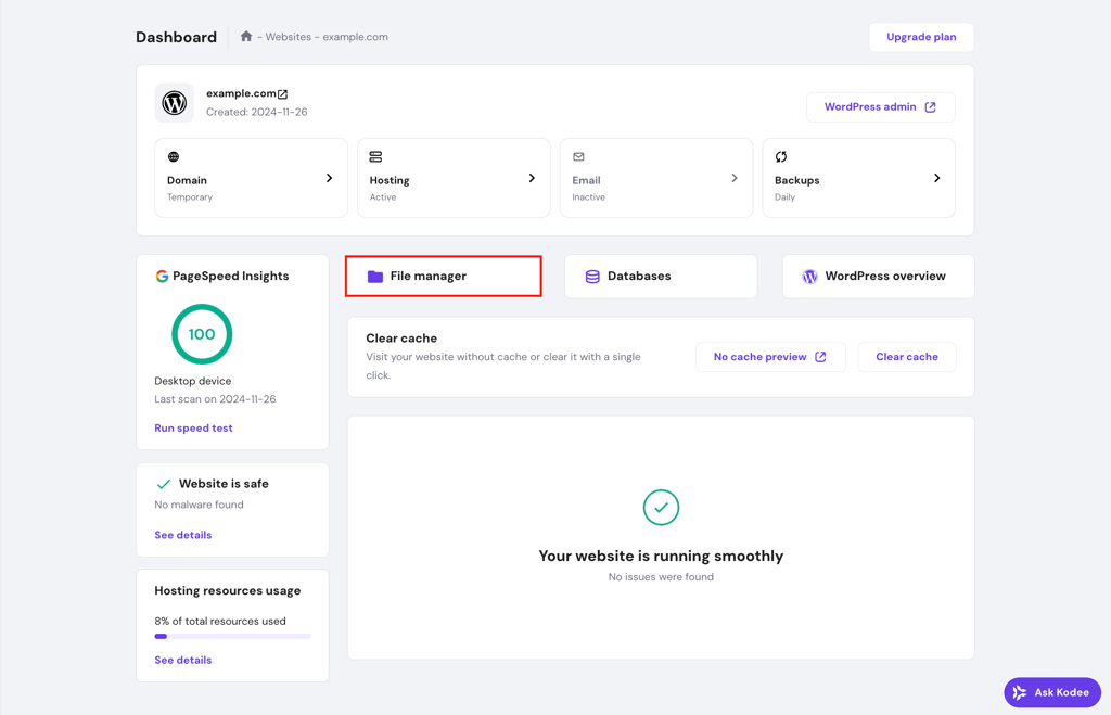 The File manager menu on hPanel dashboard