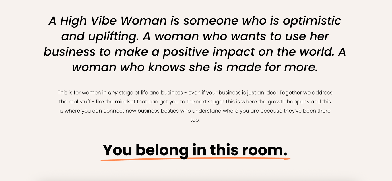 Section of High Vibe Women landing page speaking directly to their target audience