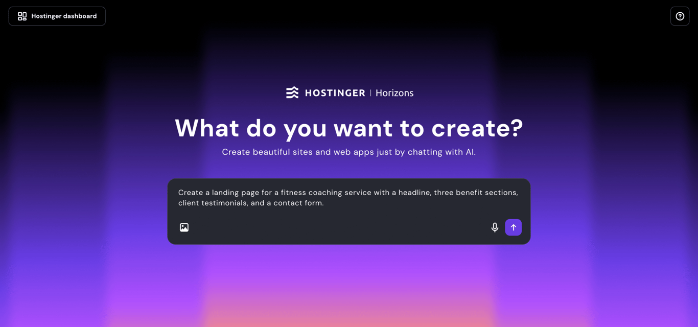 Hostinger Horizons' first dashboard page