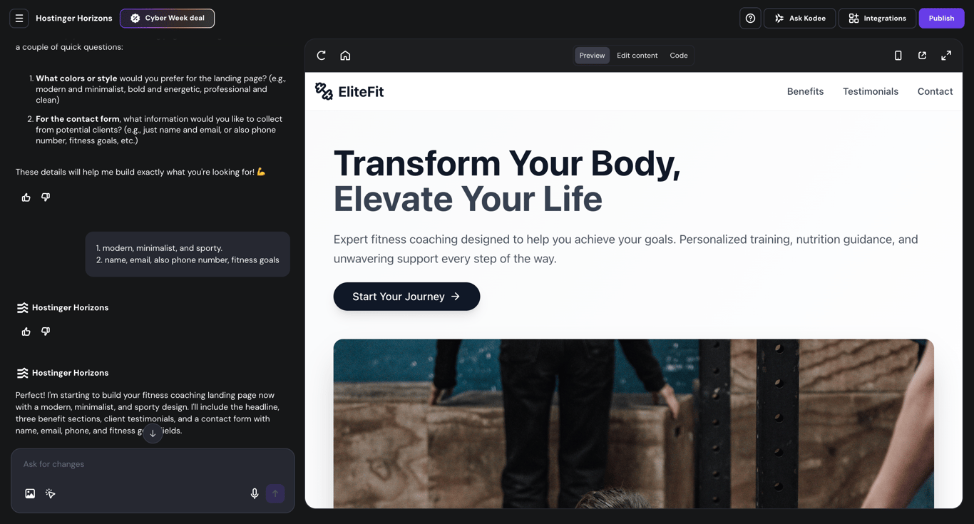 Hostinger Horizons' prompting and preview panes