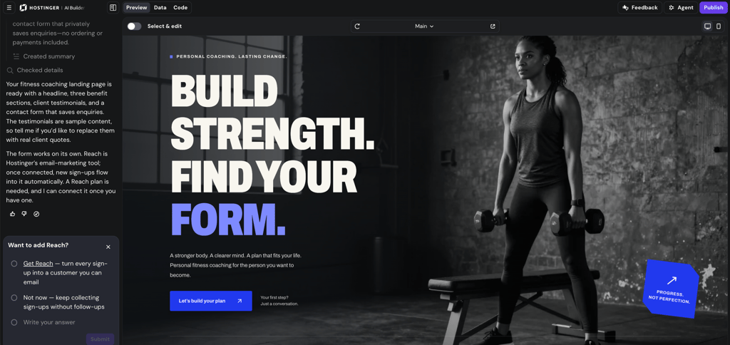 Hostinger AI Builder editor showing a generated fitness coaching landing page with a “Build strength. Find your form.” headline and an AI Agent panel on the left.