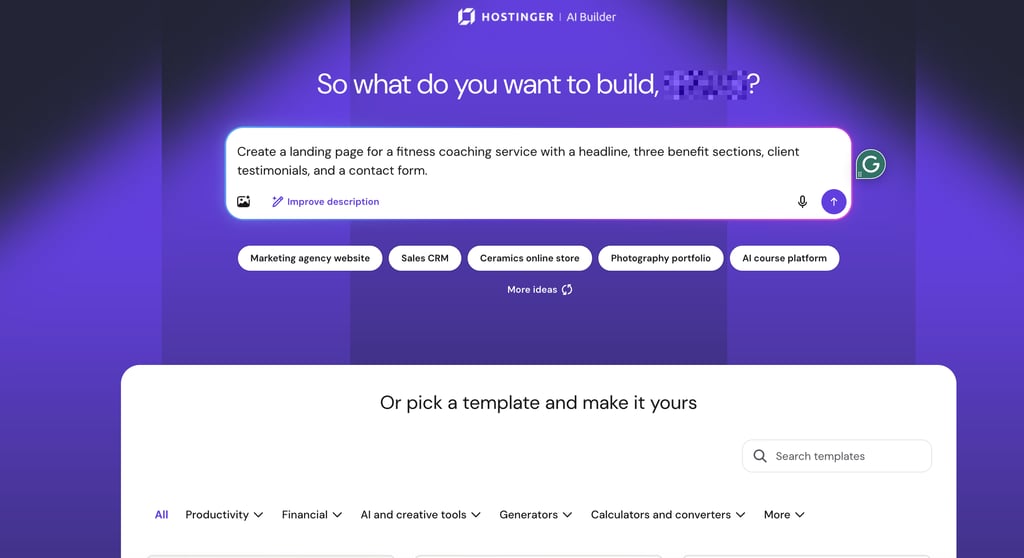 Hostinger AI Builder interface with a prompt to create a fitness coaching landing page and a selection of website templates below.