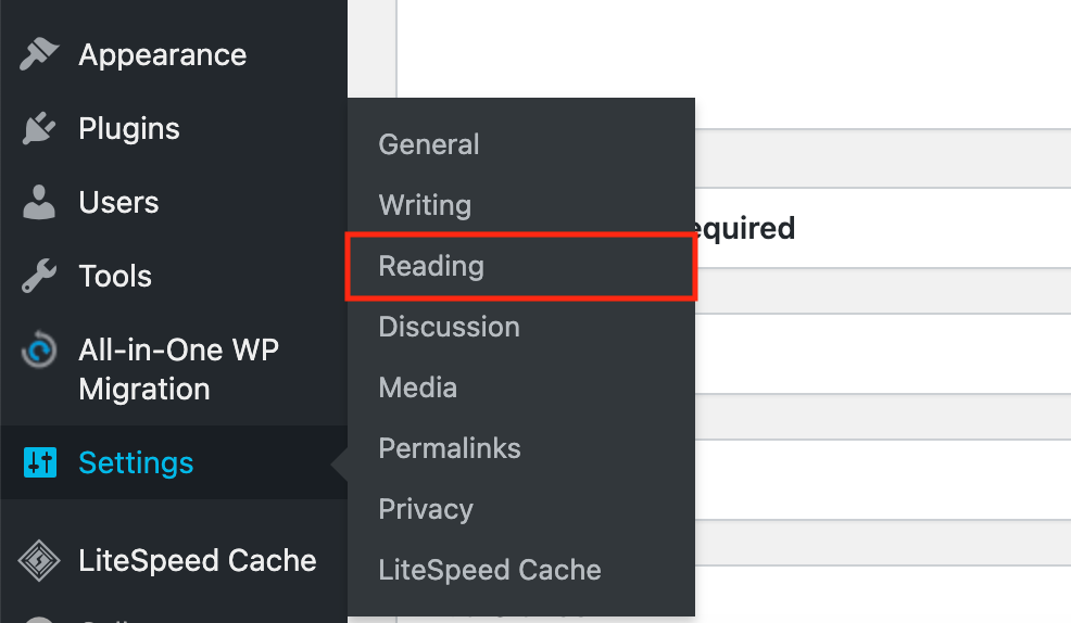 WP dashboard reading settings