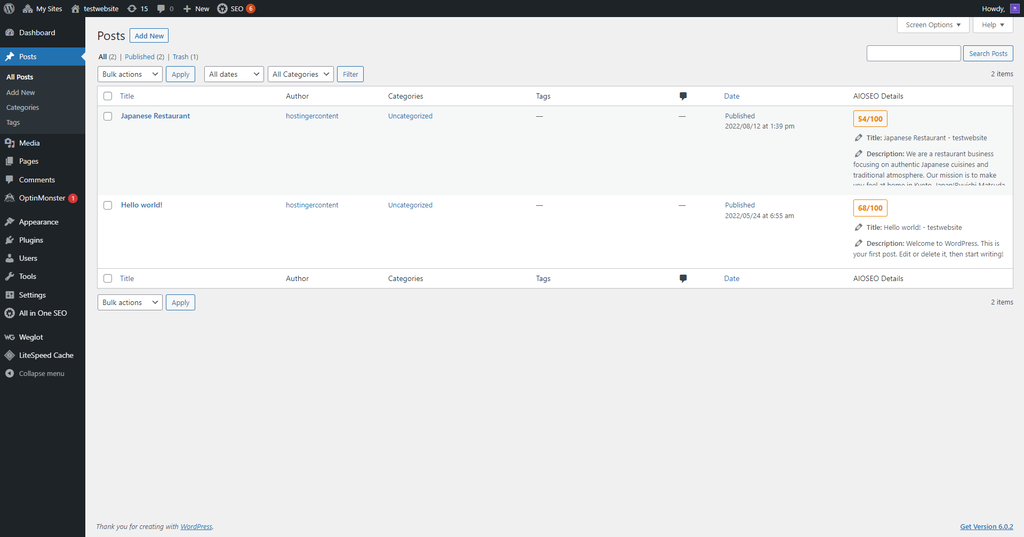 WordPress admin dashboard