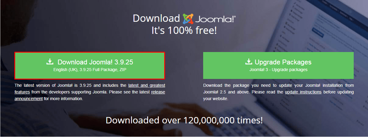 Screenshot of how to download the latest version of Joomla
