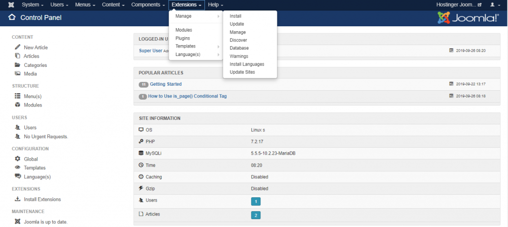Screenshot of the extensions tab in Joomla