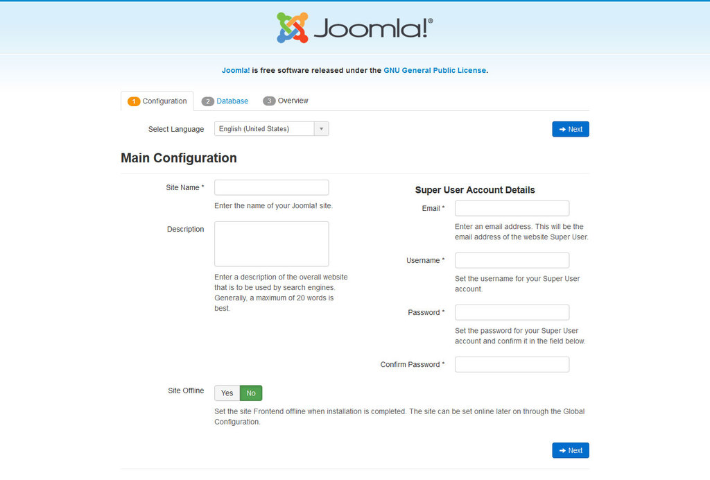 Screenshot of the main configuration page on Joomla