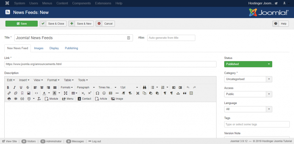 Screenshot of the news feed editor in Joomla
