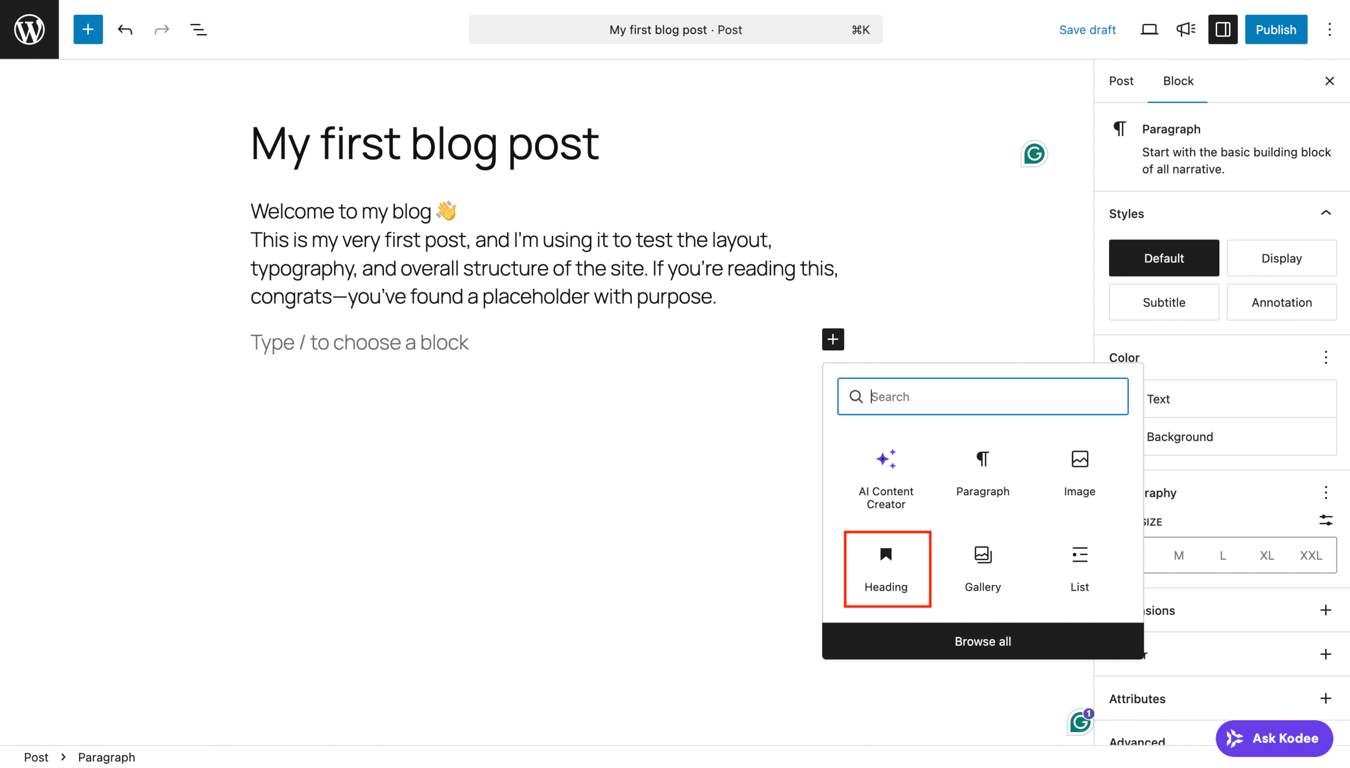 Heading block in WordPress post editor