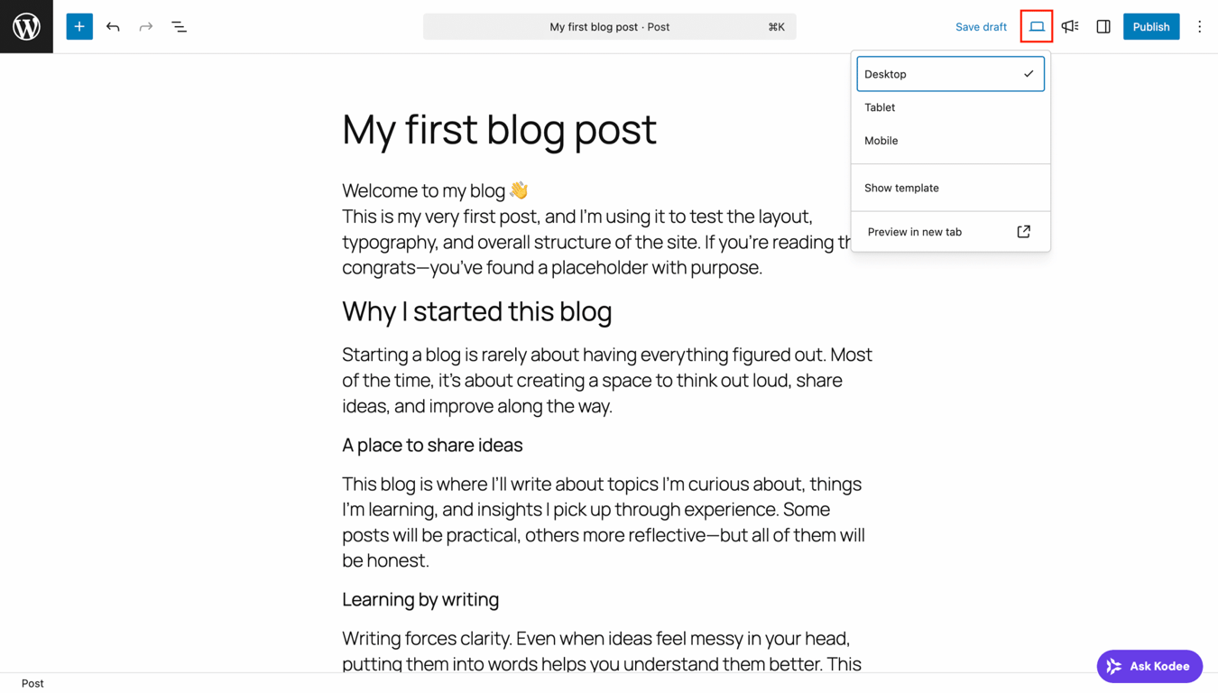 Preview icon in WordPress post editor toolbar