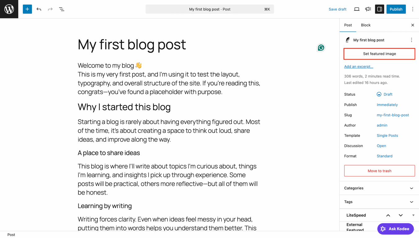 The Set featured image menu in WordPress post settings