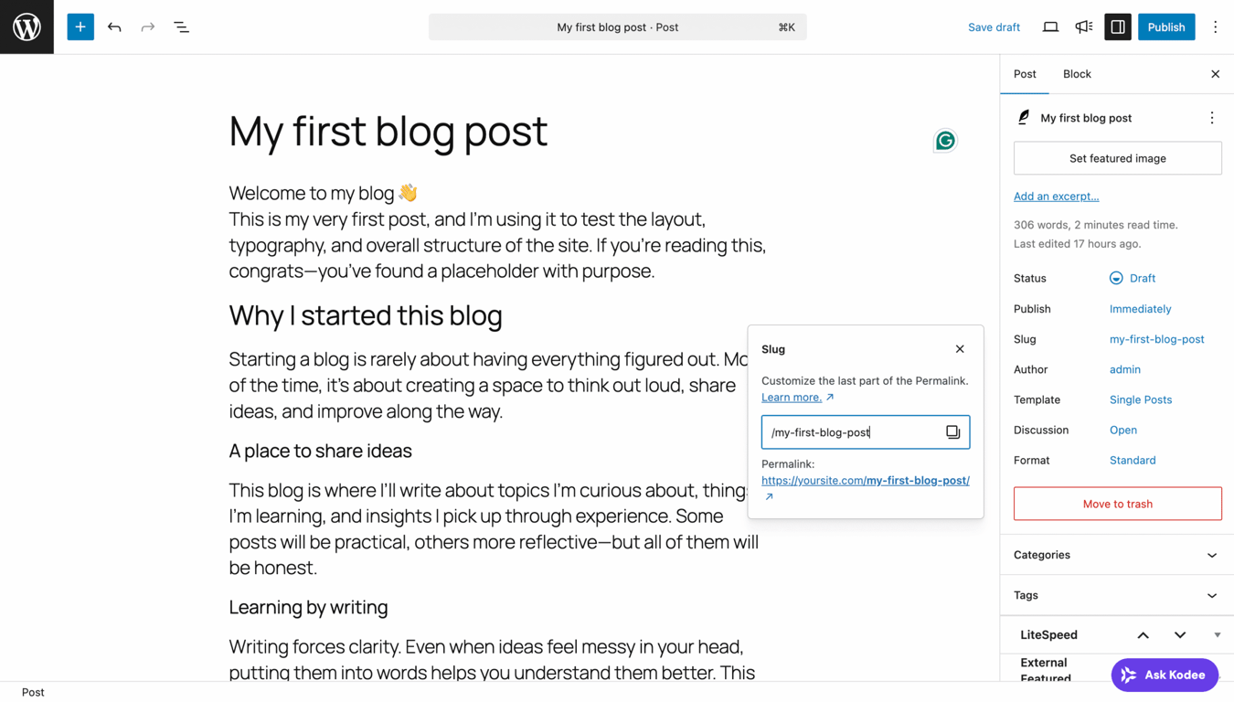 The Slug field in WordPress post Settings panel