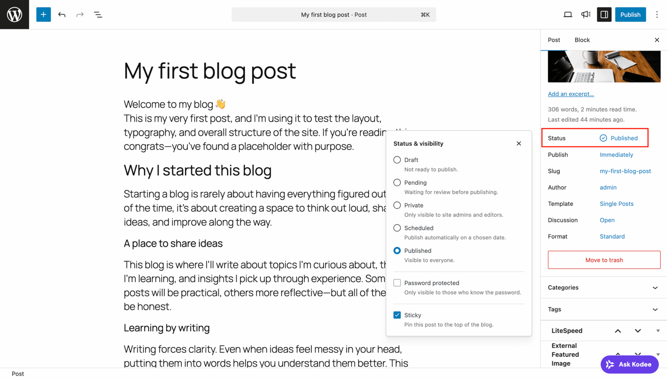 Status field in WordPress post Settings panel