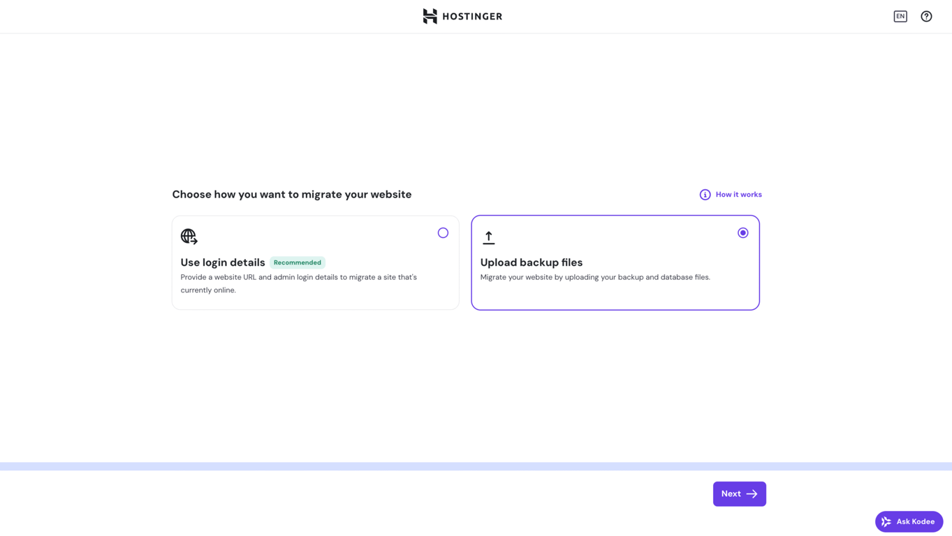 Upload backup files option on Hostinger's hPanel WordPress website migration