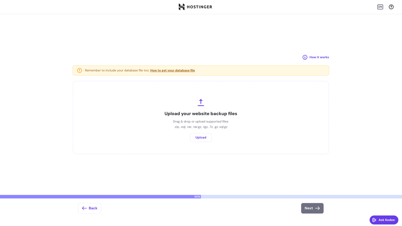 Hostinger migration stage where user imports their backup file