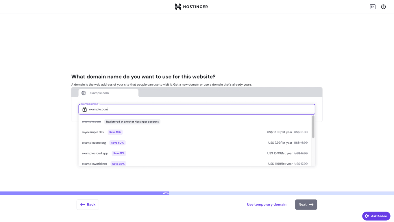 Domain selection interface on Hostinger's hPanel website migration steps