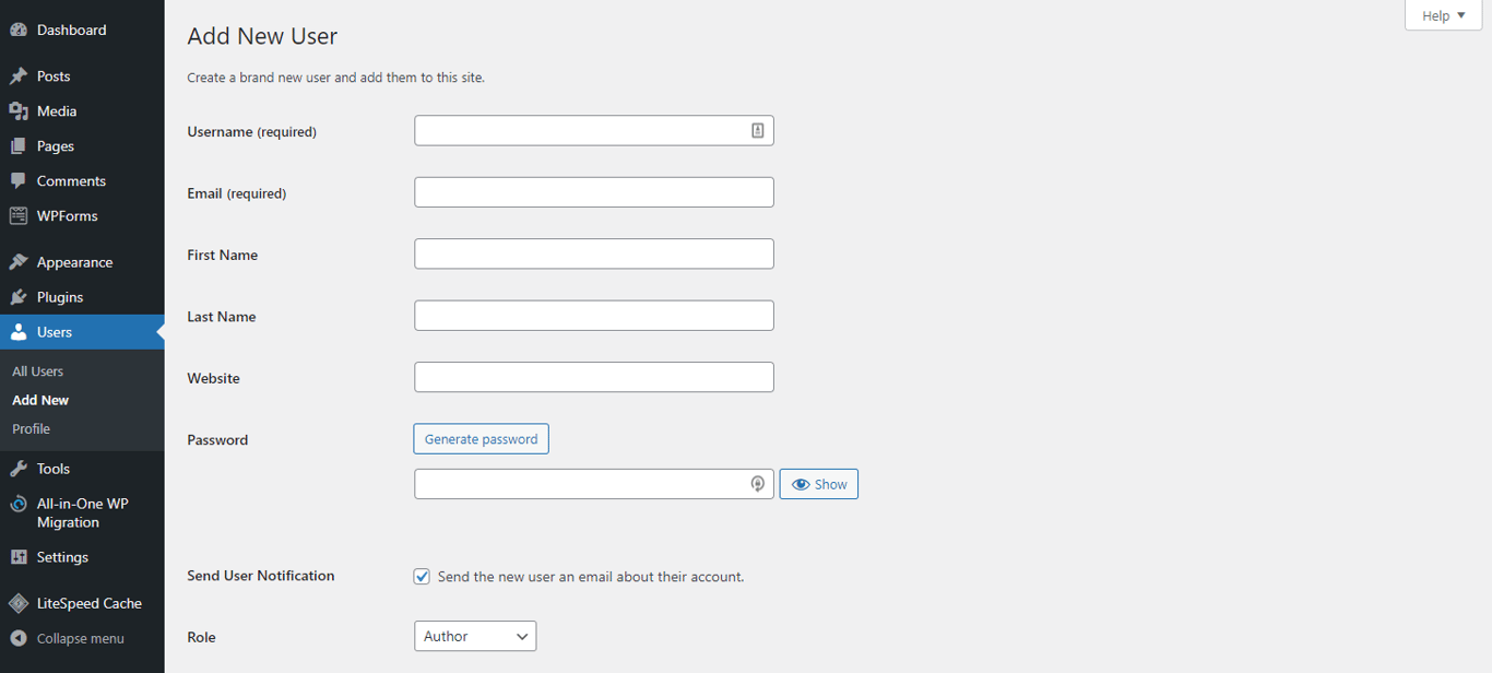 Users page on the WordPress dashboard, showing how to create a new user