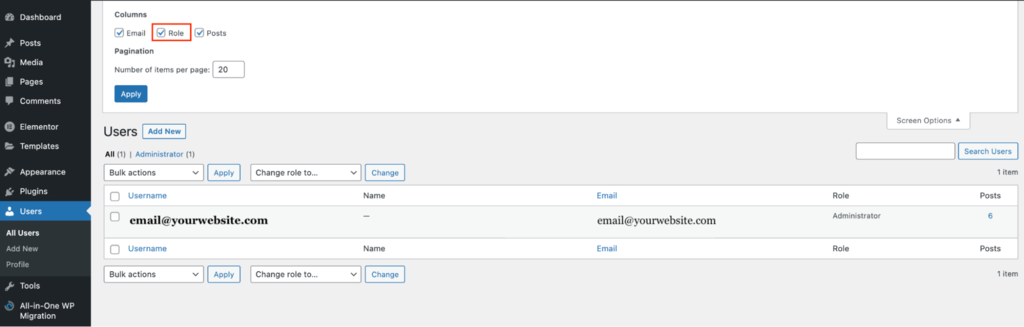 Users page on the WordPress dashboard, showing where to tick the Role box