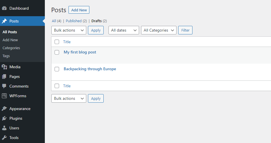Posts page on the WordPress dashboard