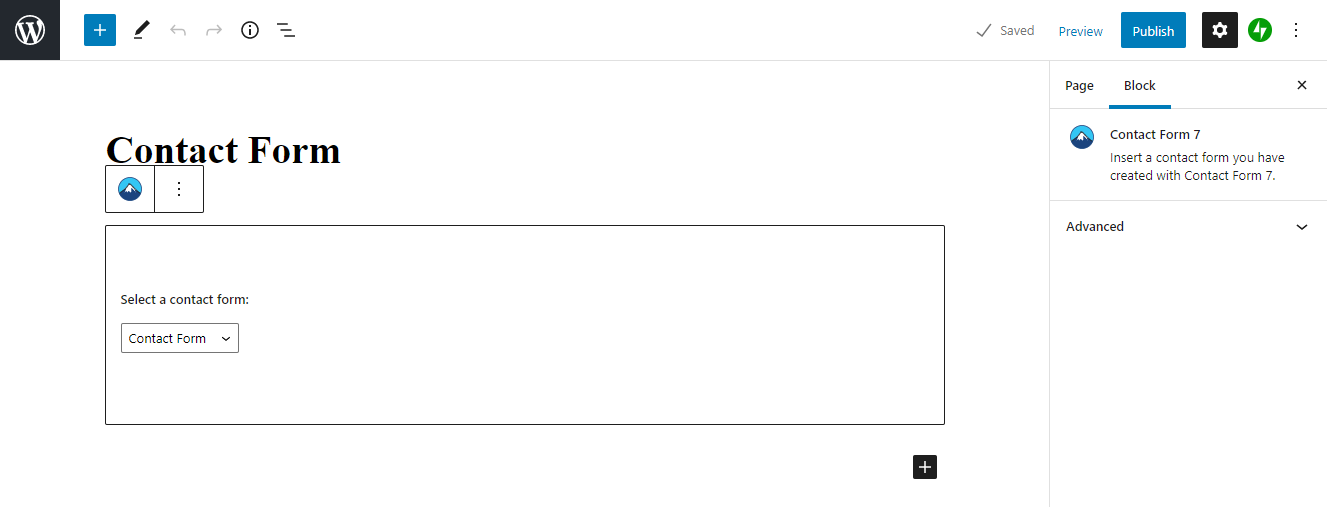 WordPress Gutenberg editor add a contact form block.