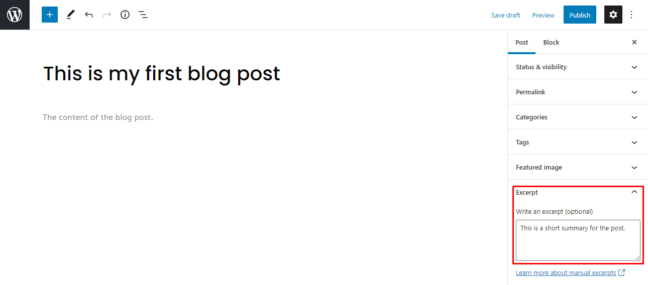 The Excerpt section on the WordPress Gutenberg editor settings