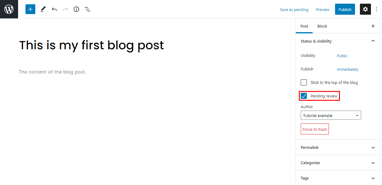 The Pending review button on the WordPress Gutenberg editor
