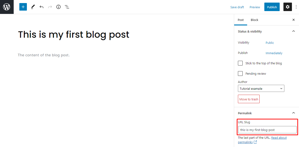 The Permalink section on the WordPress Gutenberg editor settings
