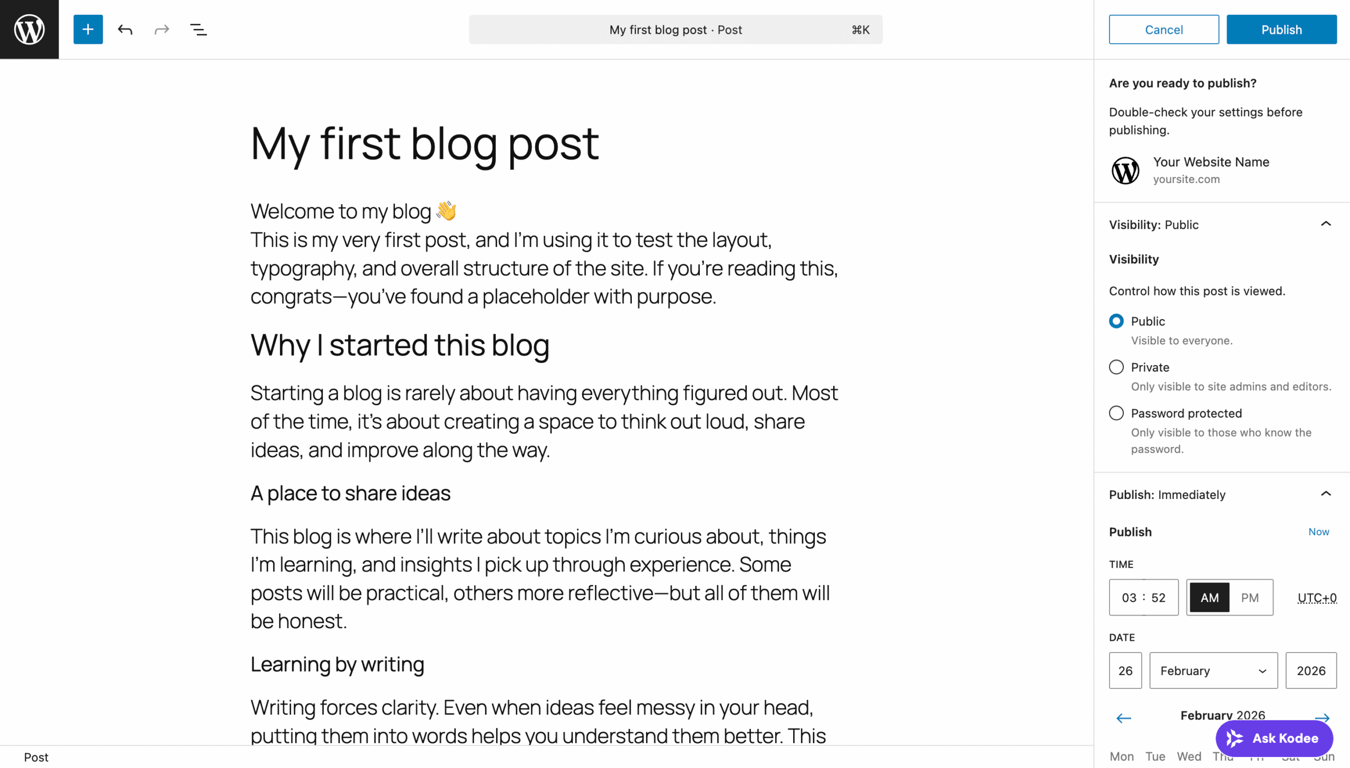 Publishing panel opened in WordPress post editor
