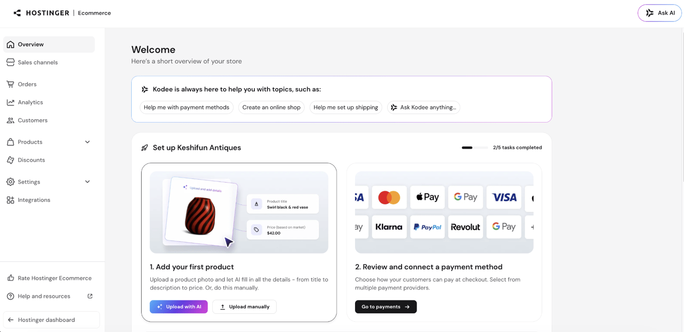Hostinger Ecommerce Store Manager home page