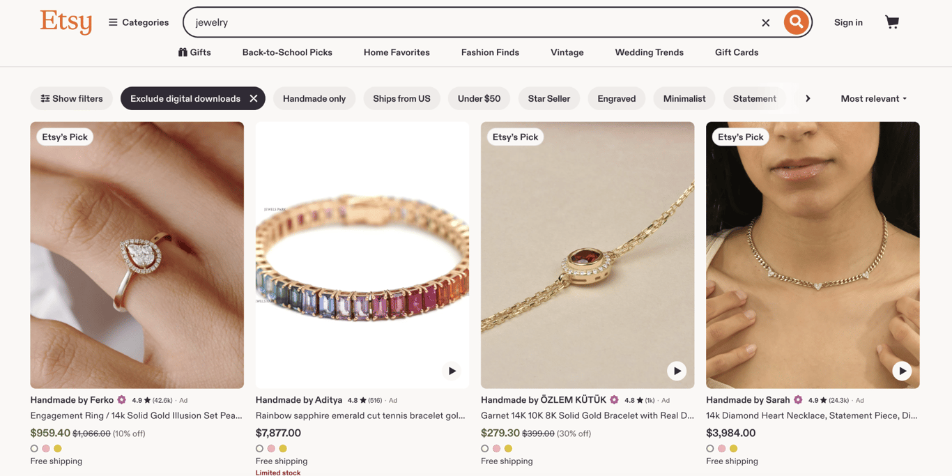 Etsy page showing jewely products for sale
