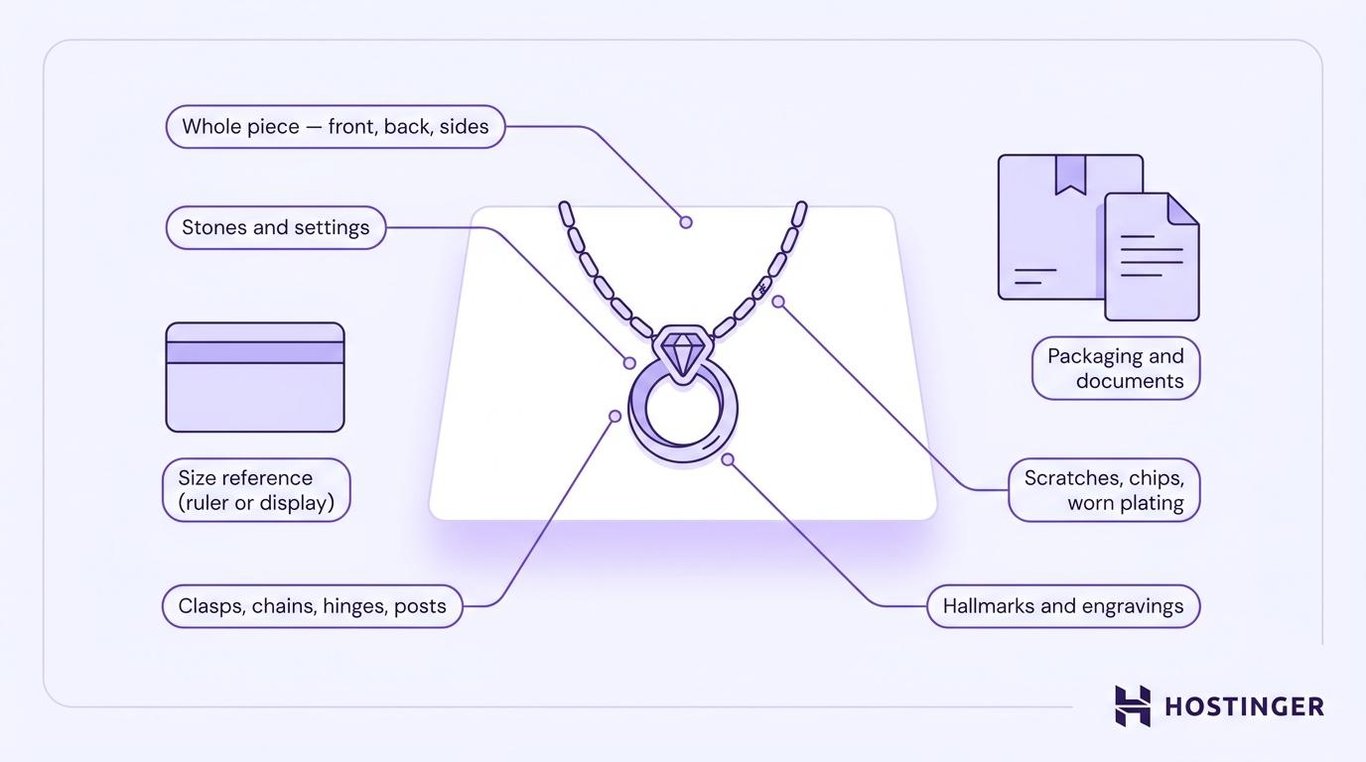 Annotated flat-vector jewelry illustration with seven labeled callouts showing what to photograph — whole piece, stones and settings, clasps and posts, hallmarks and engravings, scratches and flaws, packaging and documents, and size reference.