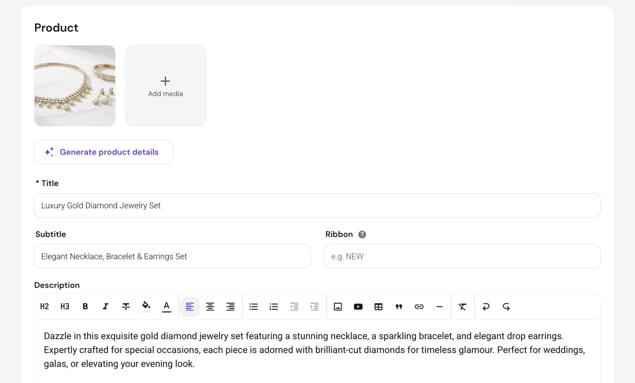 Hostinger Ecommerce product page showing AI-generated product description