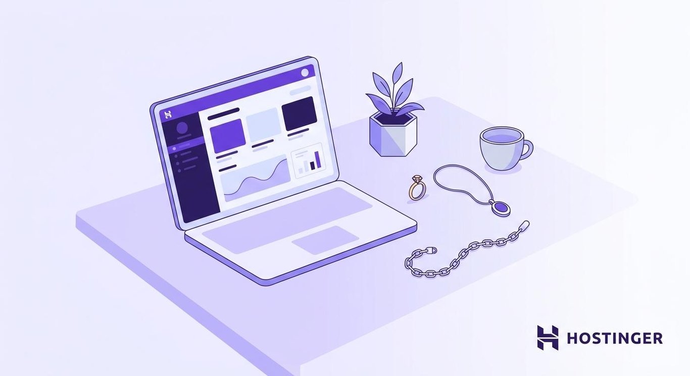 Minimal desk workspace with a laptop showing a storefront dashboard and three jewelry pieces arranged neatly