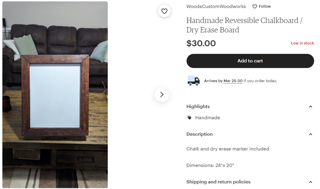 An example of a handmade dry-erase board for sale online