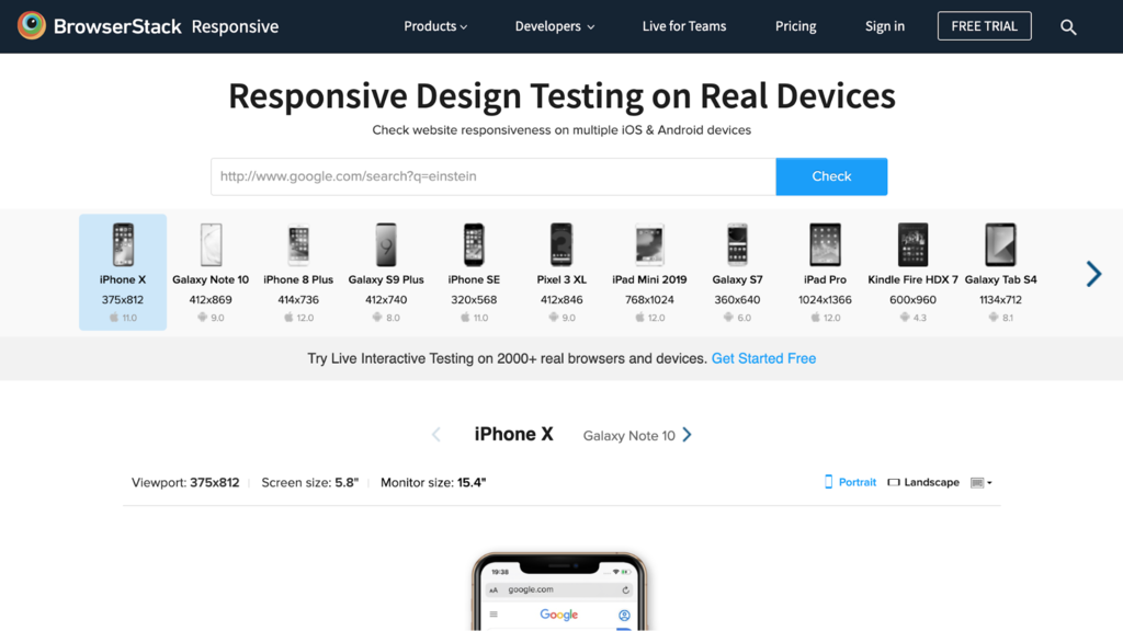 Web page of BrowserStack, a tool to check a website's mobile-friendliness