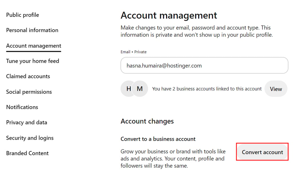 The Account Management screen on Pinterest with the Convert account button highlighted